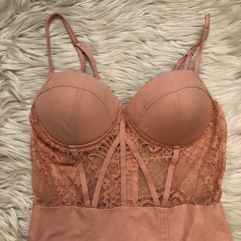 Haute Monde Corset Lace See Through Bodycon Flirty Coral Pink Mini Dress size L - Picture 2 of 13